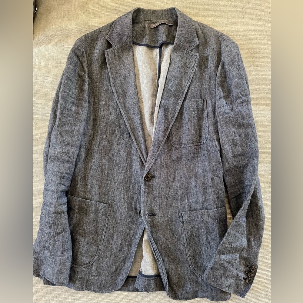 VINCE. Triple Patch Pocket Linen Blend Denim Blazer Size M $495